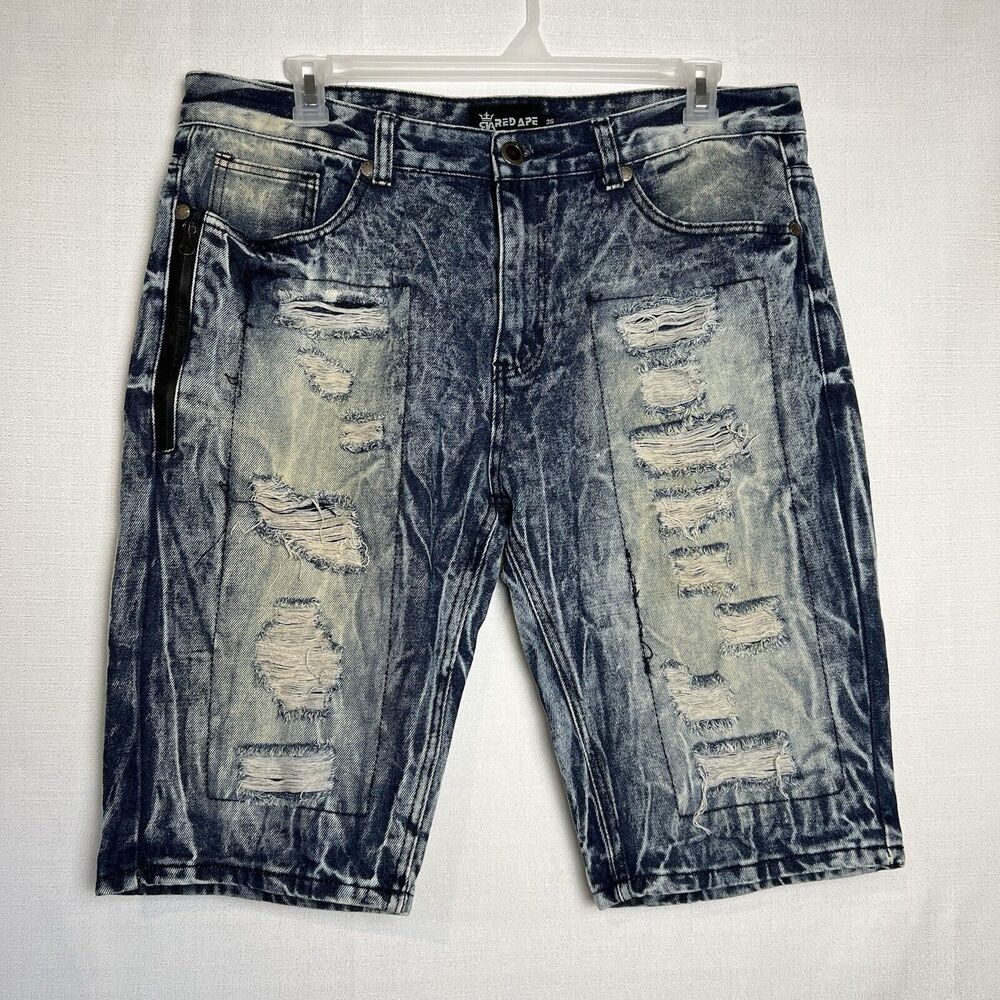 Red Ape Mens Size 36 Distressed Cotton Denim Blue Jean Shorts Jorts Y2K Hip Hop